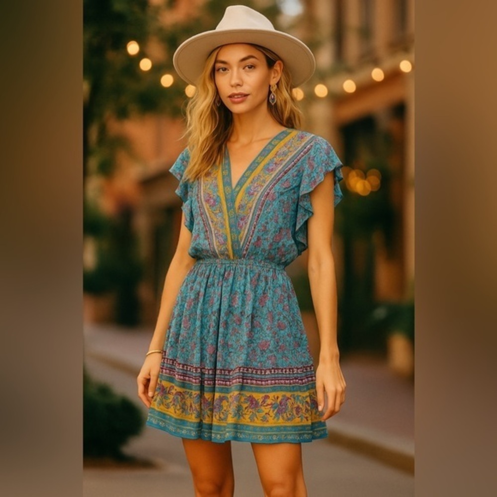 Sky Mix Boho Turquoise Placement Print Mini Dress Coadtal Umgee EUC L #1472